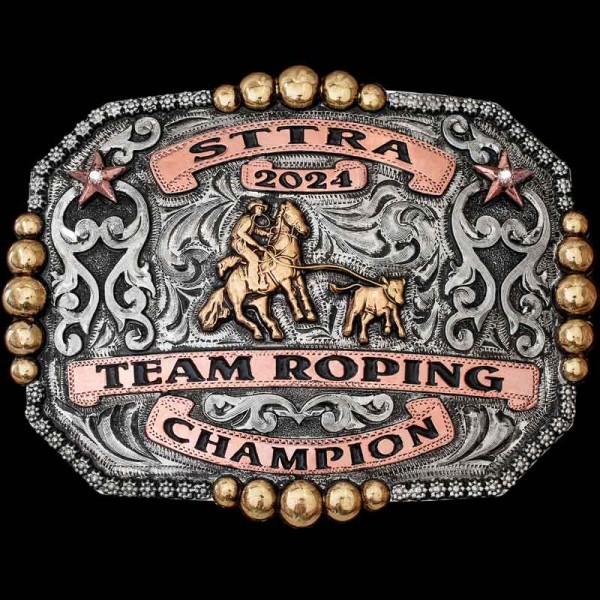 The Glendale Custom Belt Buckle is built to show off your western style featuring bronze beads and copper banners for your lettering. Customize this buckle now!